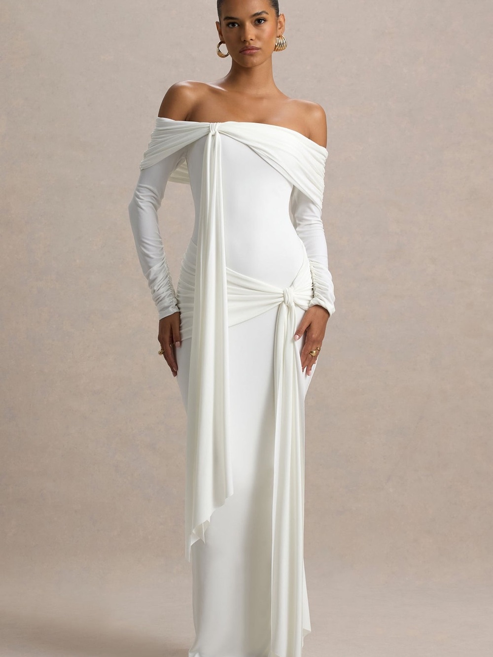 Off-Shoulder White Draped Knot Maxi Dress | Club L London - JOVIE - Picture 4 of 6